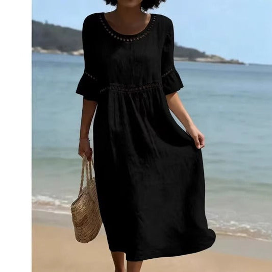 Women's Crew Neck Midi Dress – Three-Quarter Sleeve