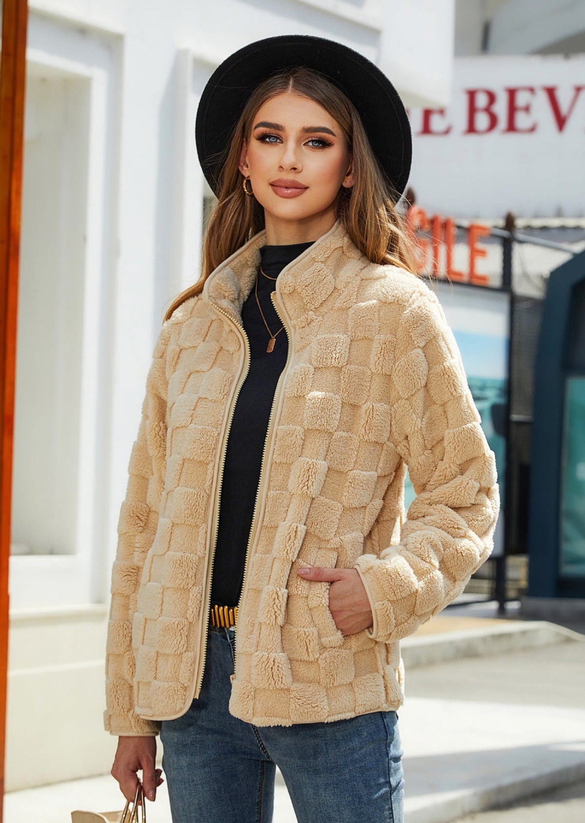 Women's Plush Check Coat – Relaxed Loose Fit