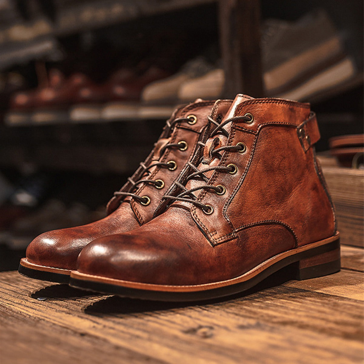 Men's Lace-Up Leather Boot – Round Toe Ankle Support