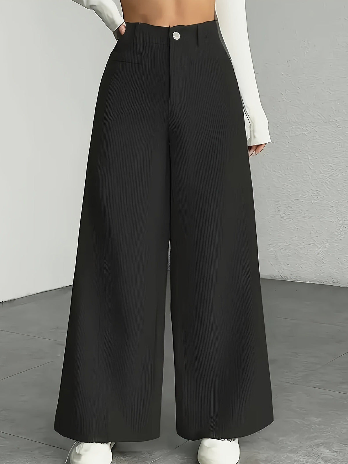 Women's High-Waisted Wide-Leg Pants – Fine Vertical Stripe