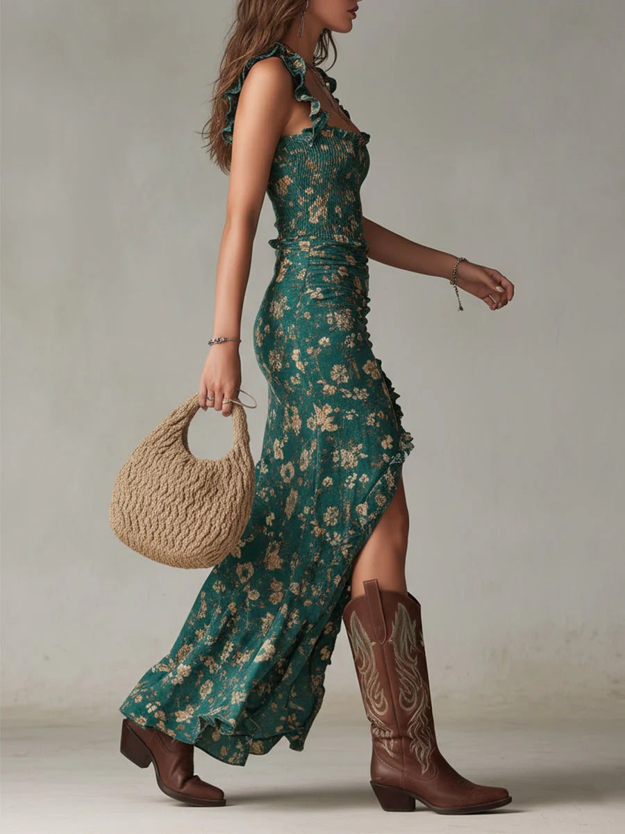 Women's Floral Maxi Dress – Ruched Bodice Ruffle Hem
