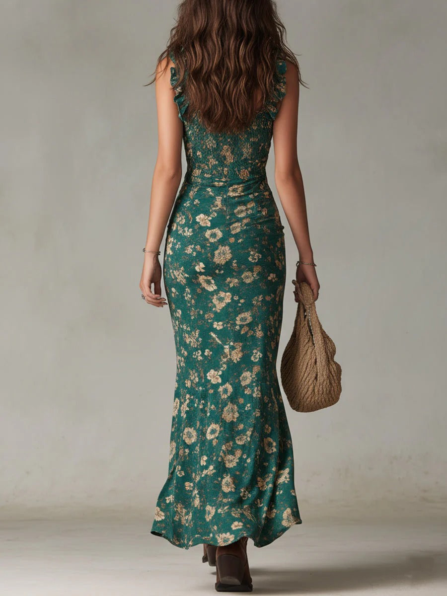 Women's Floral Maxi Dress – Ruched Bodice Ruffle Hem