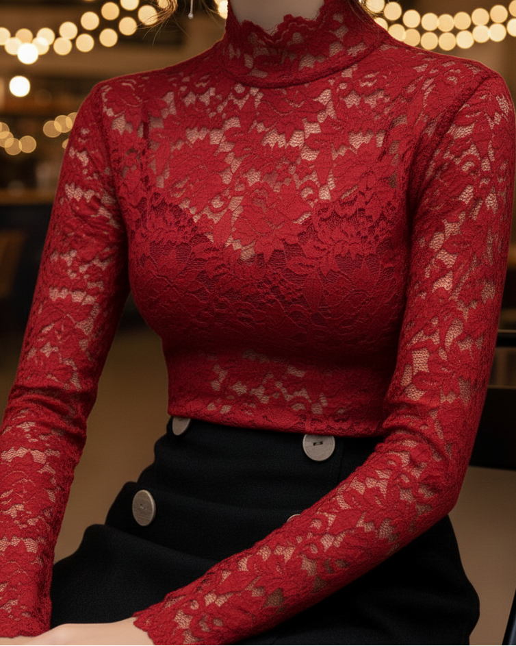 Women's Lace High-Neck Blouse – Fitted Long Sleeve