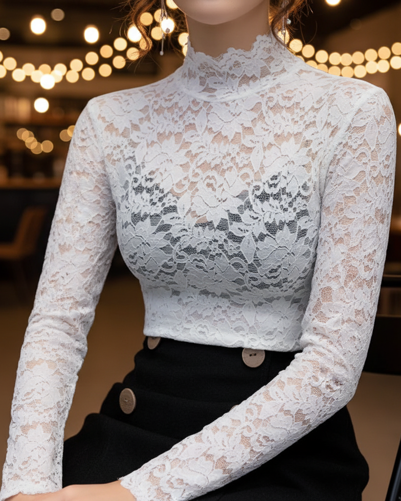 Women's Lace High-Neck Blouse – Fitted Long Sleeve