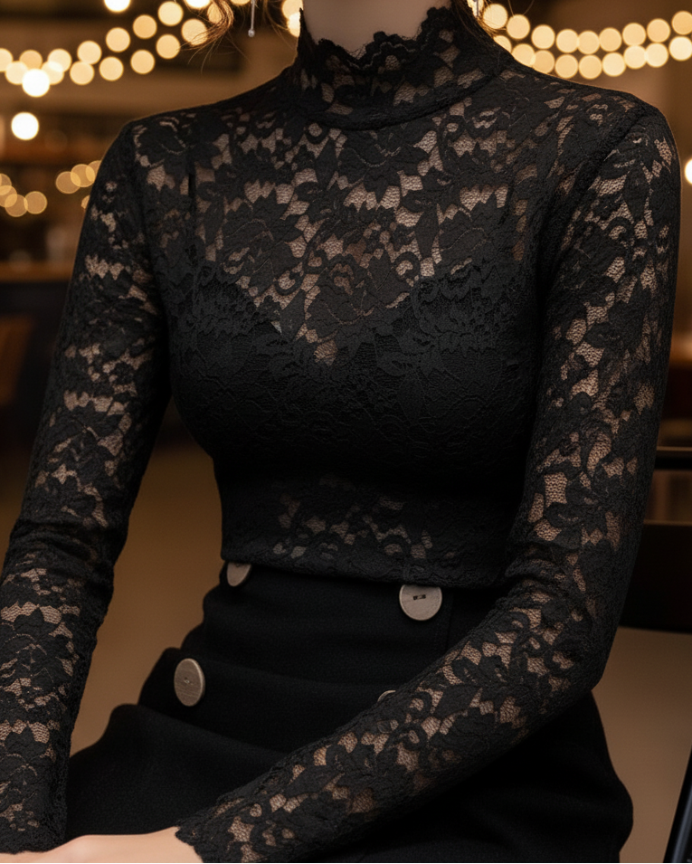 Women's Lace High Neck Blouse – Fitted Scalloped Trim