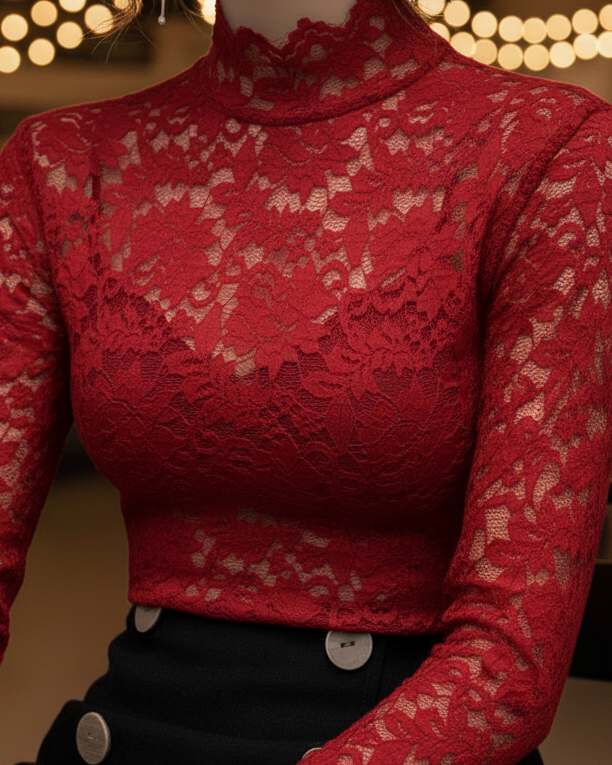 Women's Lace High Neck Blouse – Fitted Scalloped Trim
