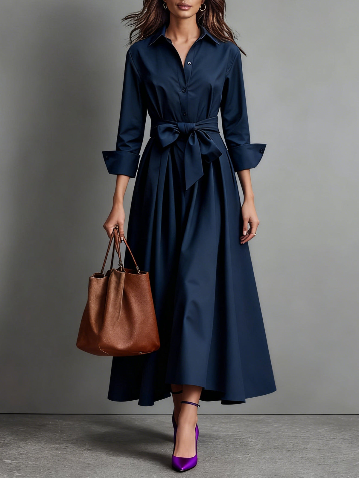 Women's Midi Shirt Dress – Tie-Belt A-Line Skirt