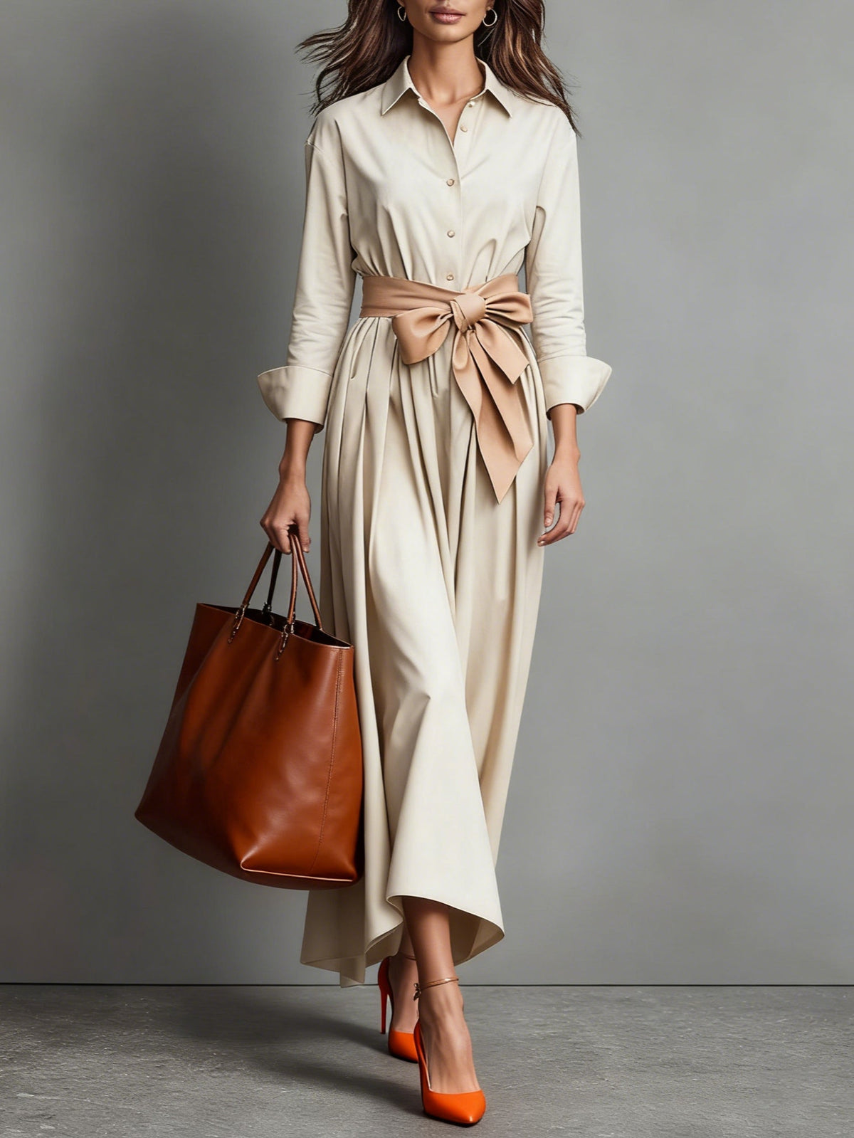 Women's Maxi Shirt Dress – Tie Belt A-Line Fit