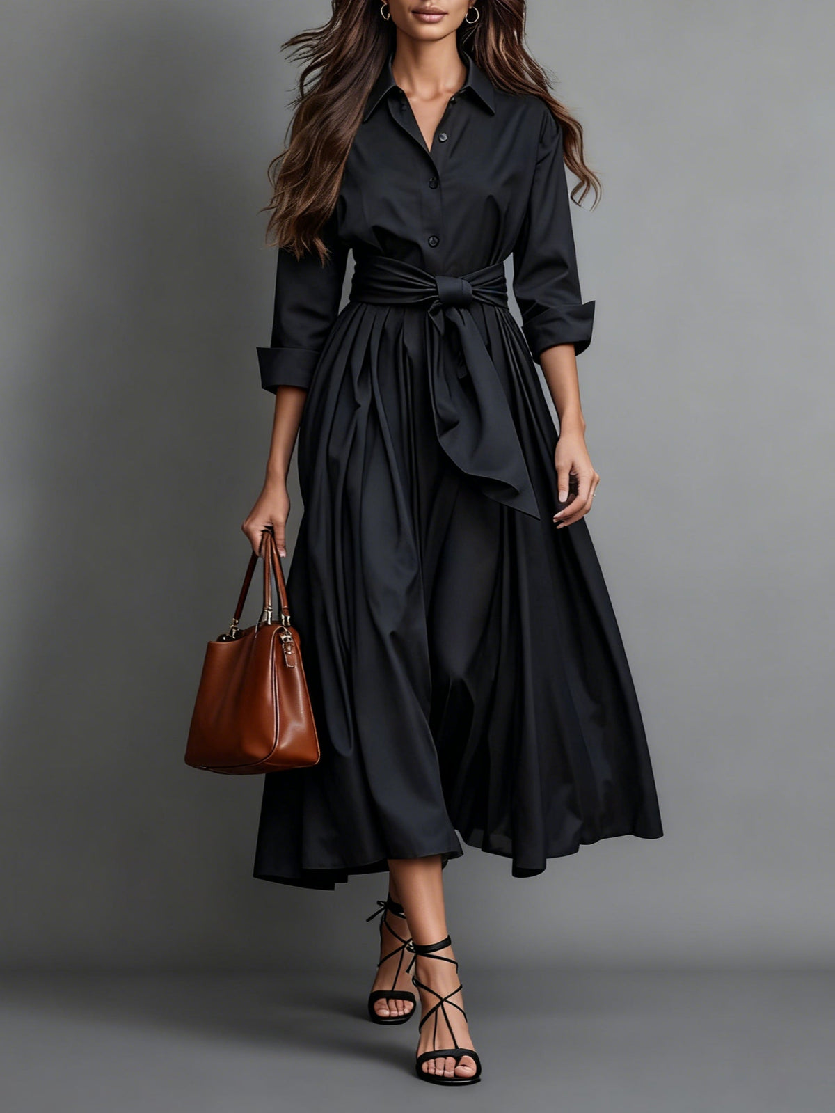 Women's Midi Shirt Dress – Tie-Belt A-Line Skirt