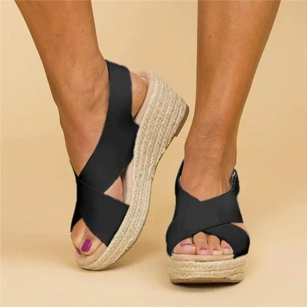 Women's Leather Espadrille Wedge Sandals – Adjustable Cross Straps