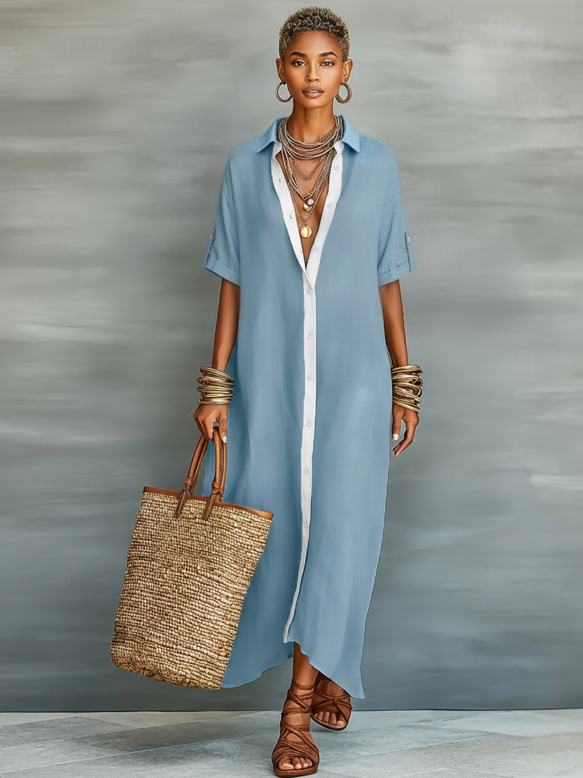 Women's Linen-Blend Shirt Dress – Relaxed Maxi Length