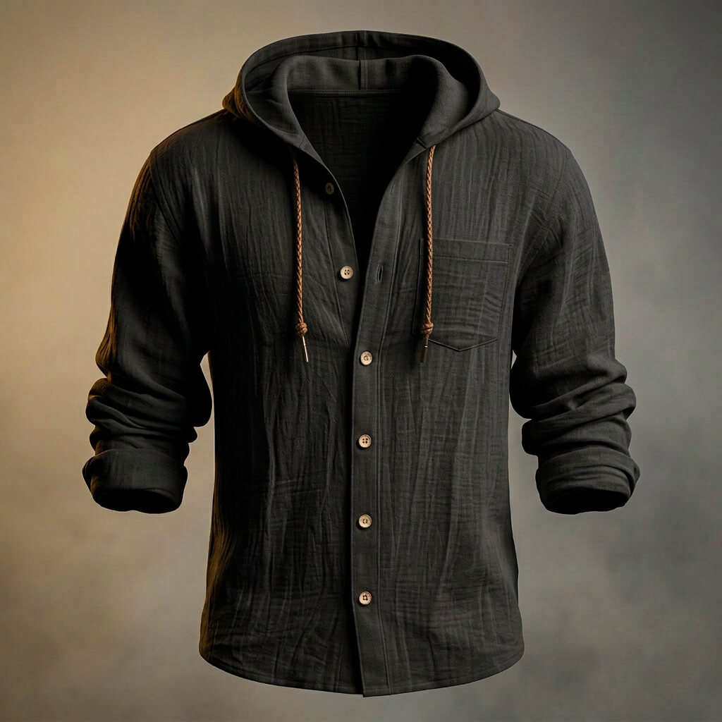 Men's Cotton-Linen Hooded Jacket – Lightweight Button Front