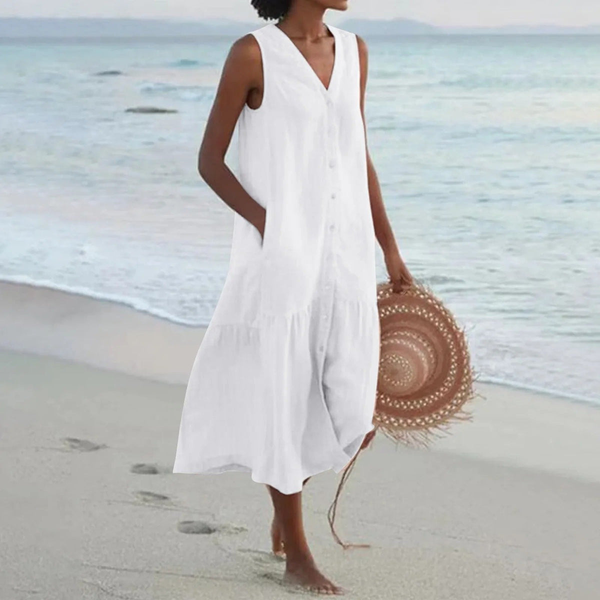 Women's Linen Slip Maxi Dress – Adjustable Strap A-Line