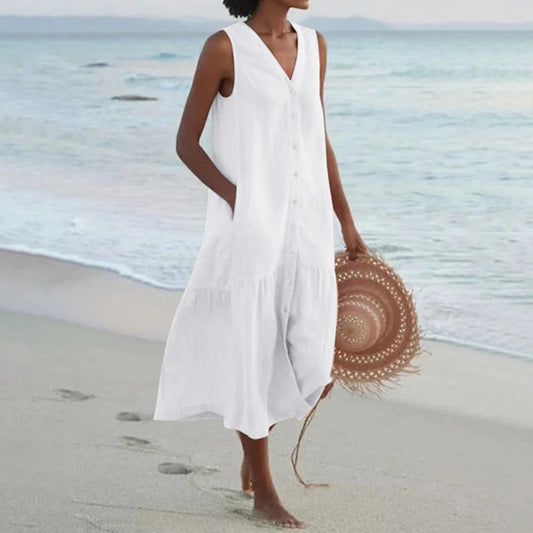 Women's Linen Slip Maxi Dress – Adjustable Strap A-Line