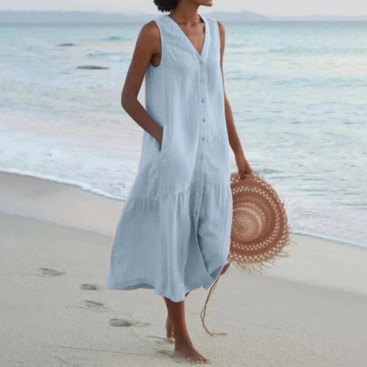 Women's Linen Slip Maxi Dress – Adjustable Strap A-Line