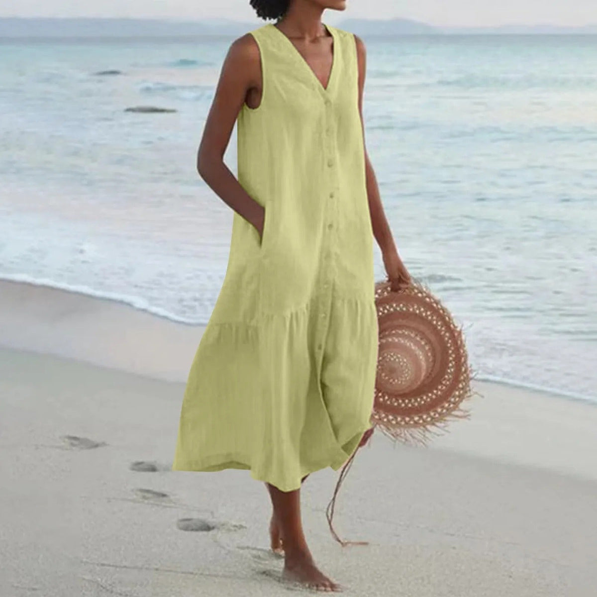 Women's Linen Slip Maxi Dress – Adjustable Strap A-Line