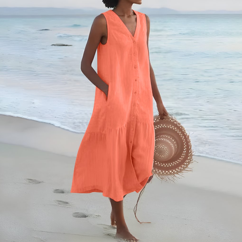 Women's Linen Slip Maxi Dress – Adjustable Strap A-Line