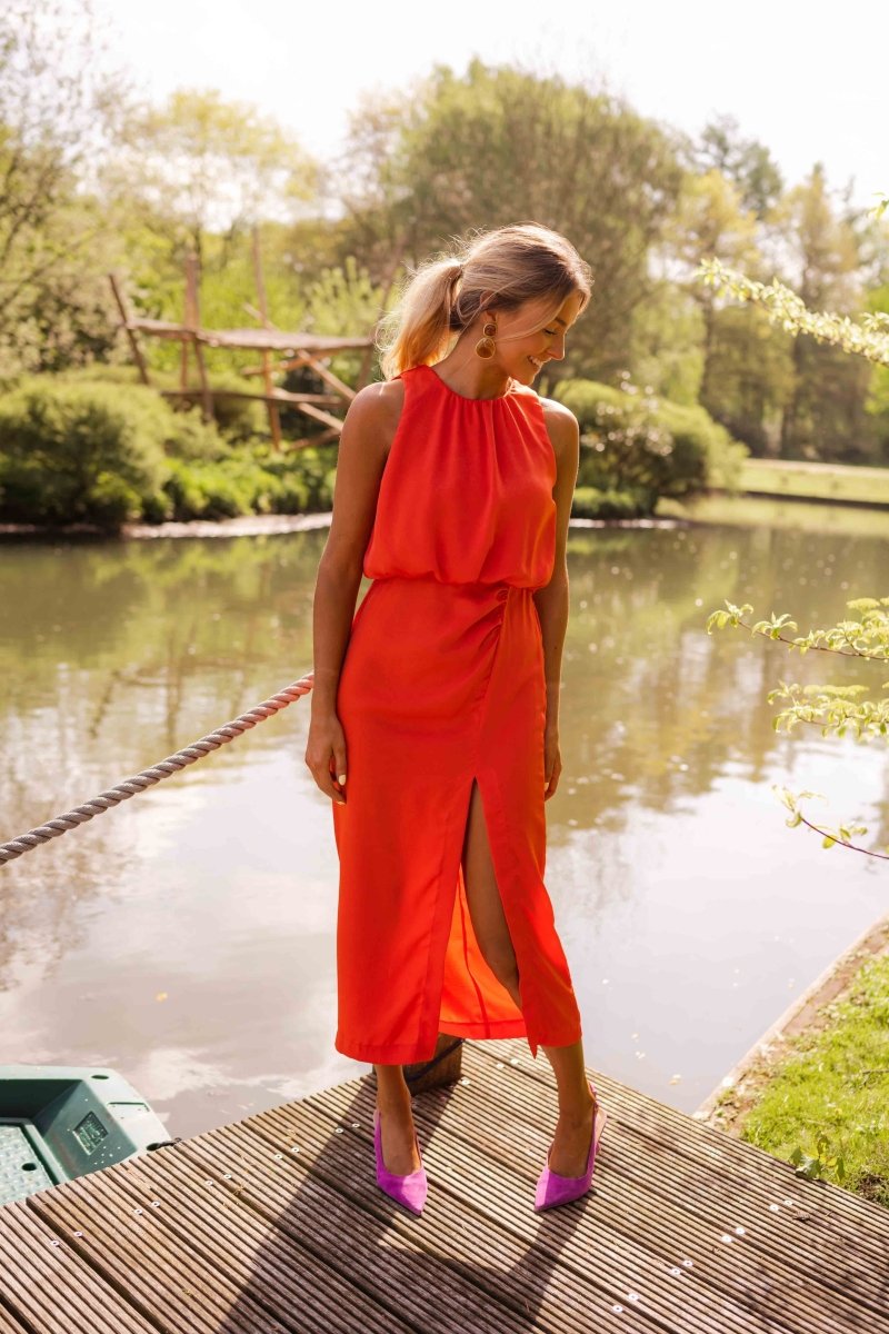 Women's High-Neck Midi Dress – Side Slit Relaxed Fit