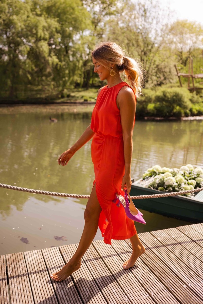 Women's High-Neck Midi Dress – Side Slit Relaxed Fit