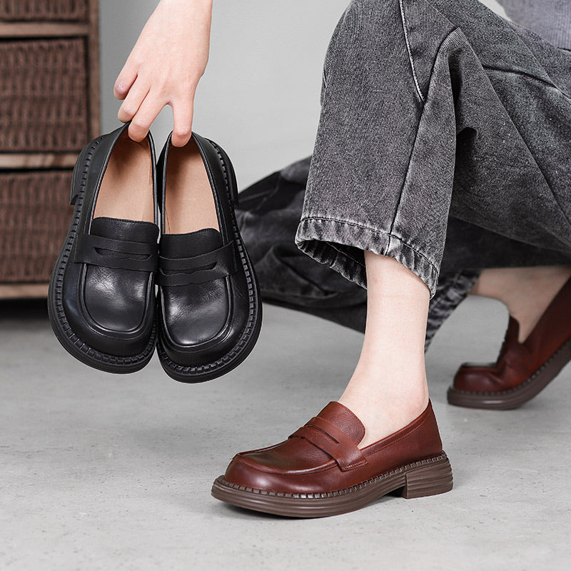 Women's Leather Loafer – Round Toe, Mid Heel