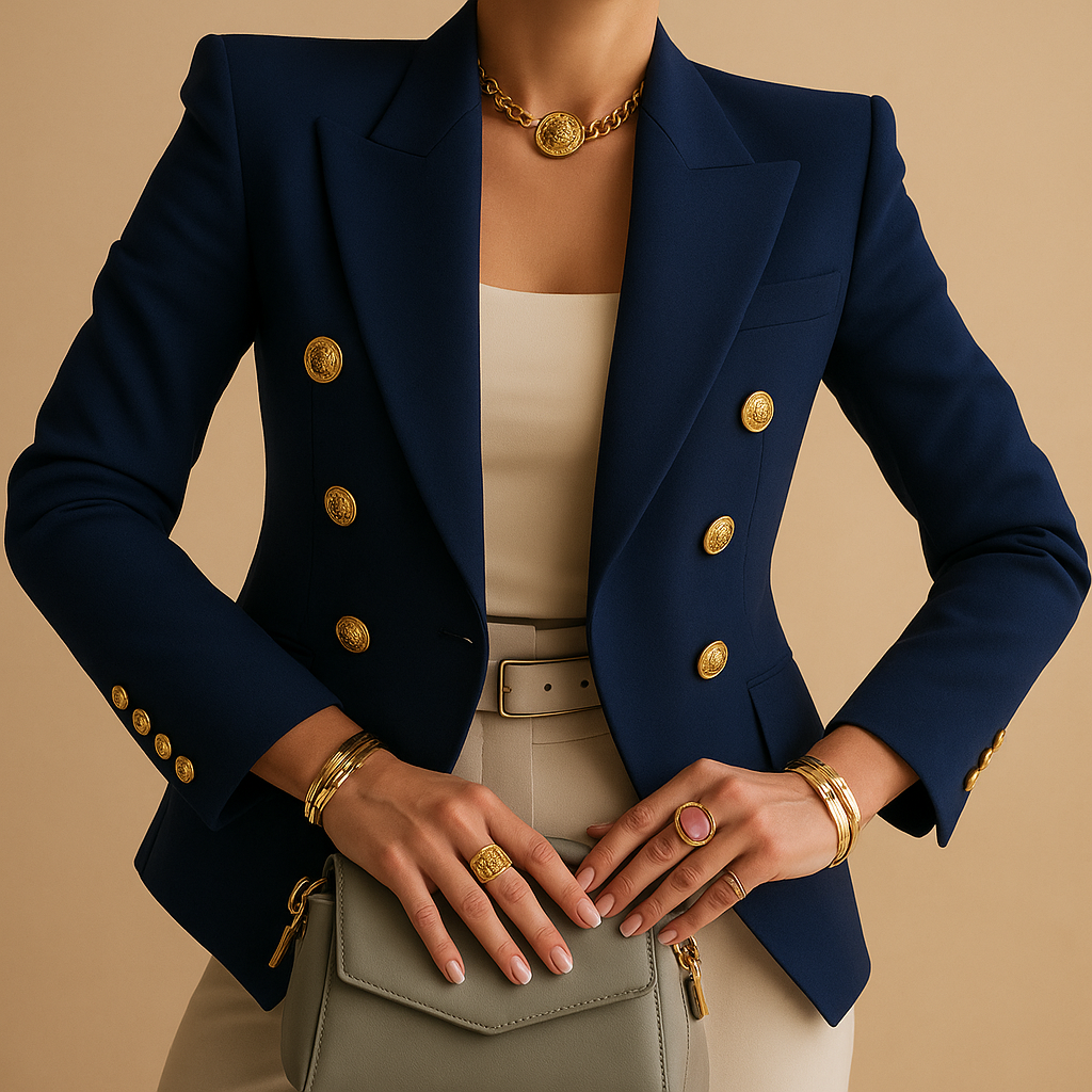 Women's Long Blazer – Contrast Trim Notch Lapel