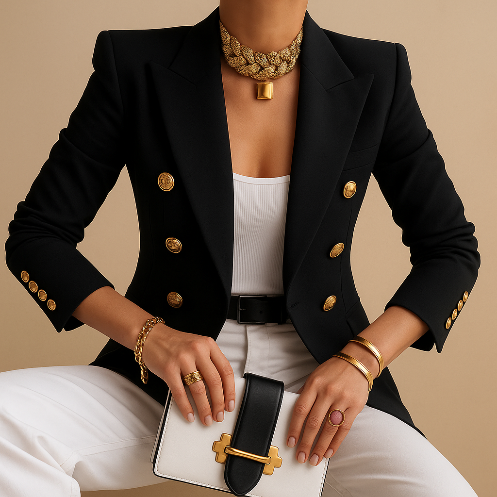 Women's Long Blazer – Contrast Trim Notch Lapel