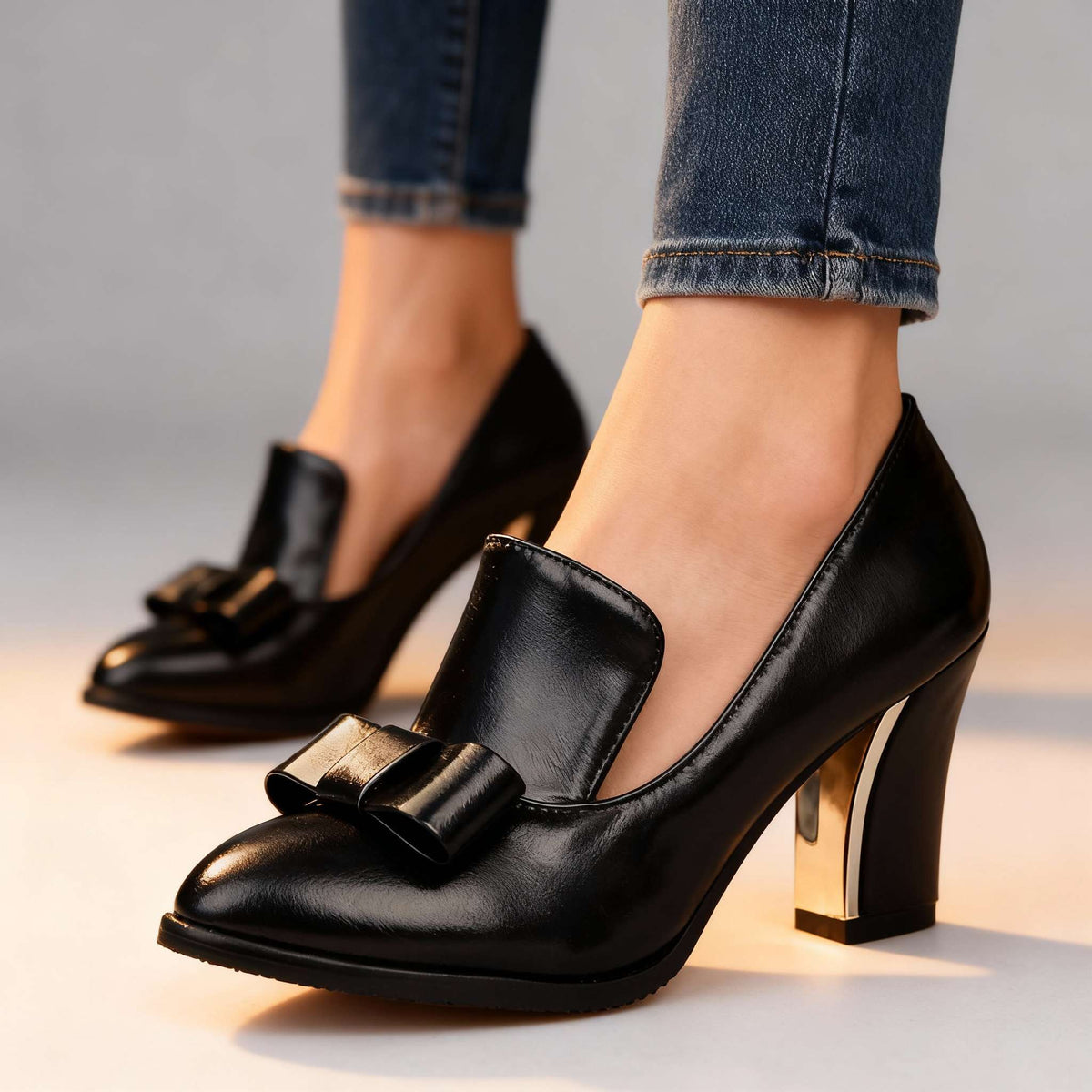 Women's Block Heel Loafer Pumps – Bow Front Pointed Toe