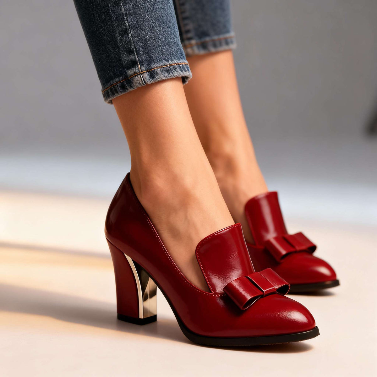 Women's Block Heel Loafer Pumps – Bow Front Pointed Toe