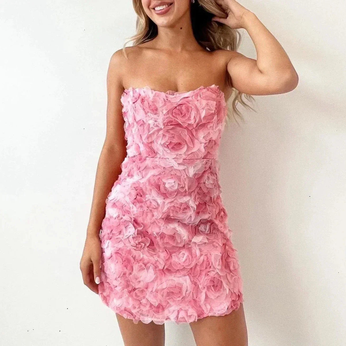 Women's Strapless Mini Dress – Floral Appliqué Bodycon