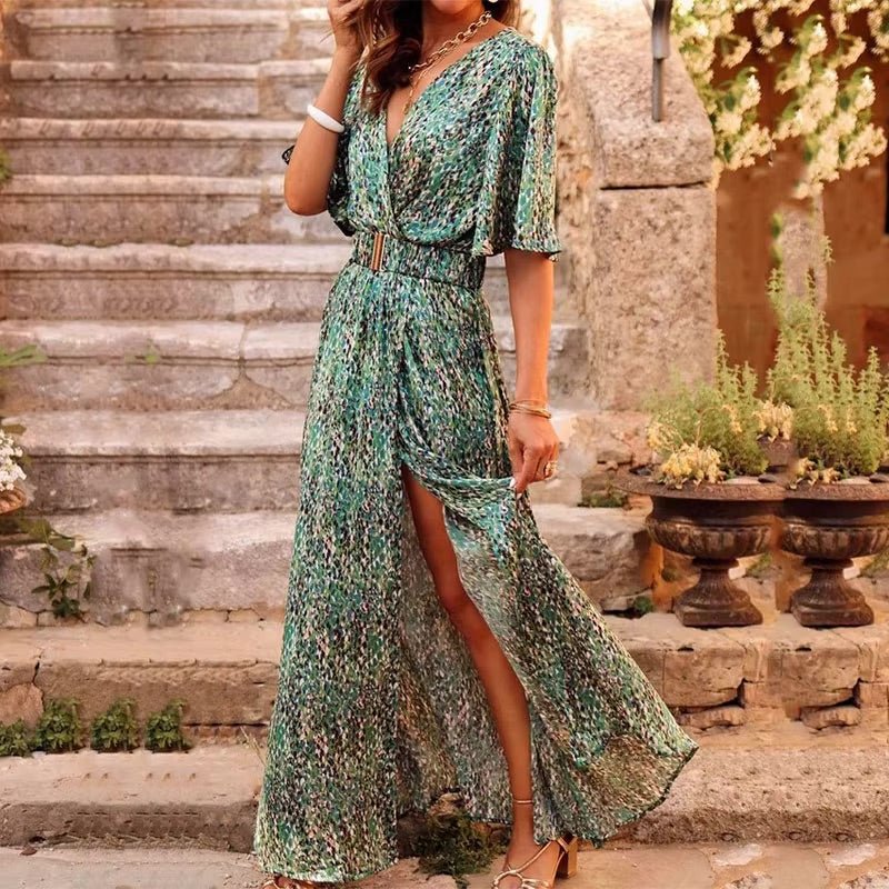 Women's Printed Wrap Maxi Dress – Flutter Sleeve Split Hem