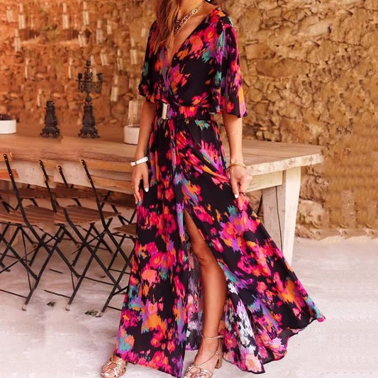 Women's Printed Wrap Maxi Dress – Flutter Sleeve Split Hem