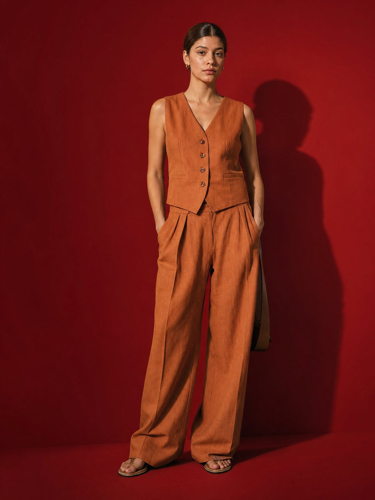 Women's Linen Vest and Pants Set – Wide-Leg Pleated
