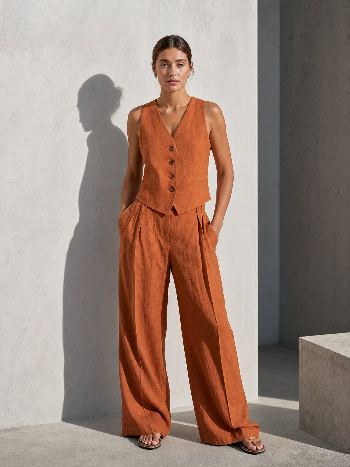 Women's Linen Vest and Pants Set – Wide-Leg Pleated