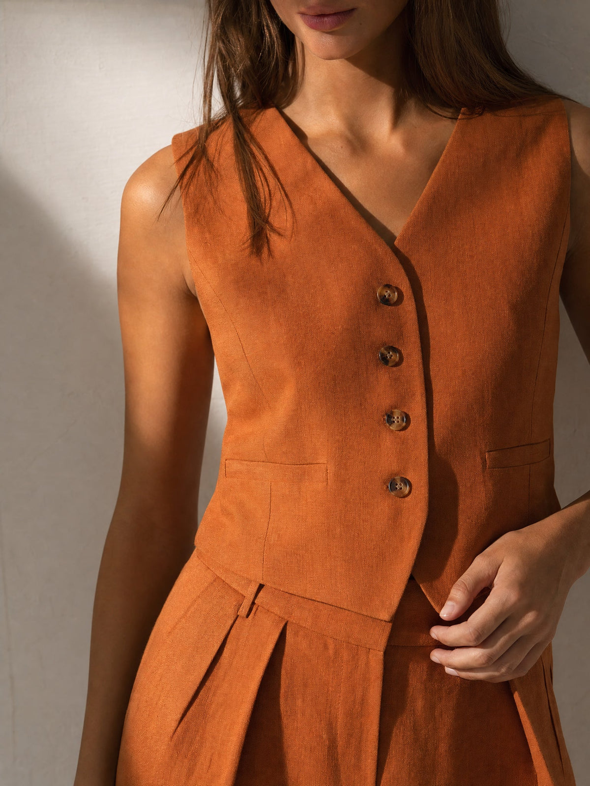 Women's Linen Vest and Pants Set – Wide-Leg Pleated