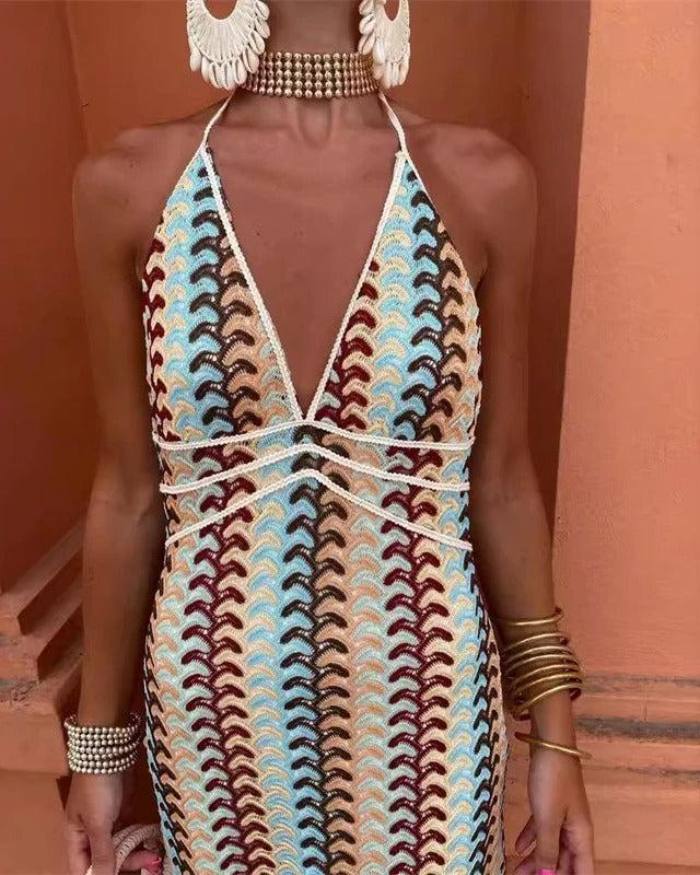 Women's Halter Maxi Dress – Open Back Drape