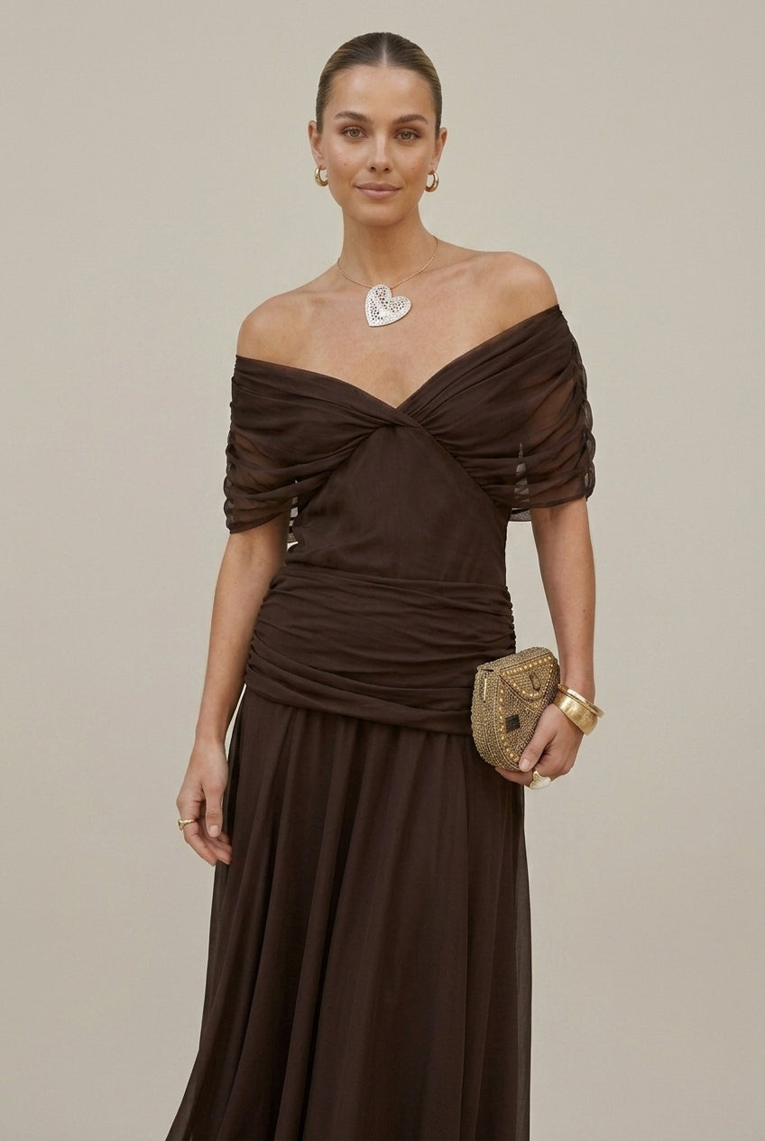 Women's Chiffon Maxi Dress – Off-Shoulder Gathered Waist