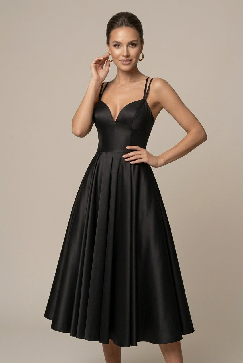 Women's A-Line Midi Dress – V-Neck Double Straps