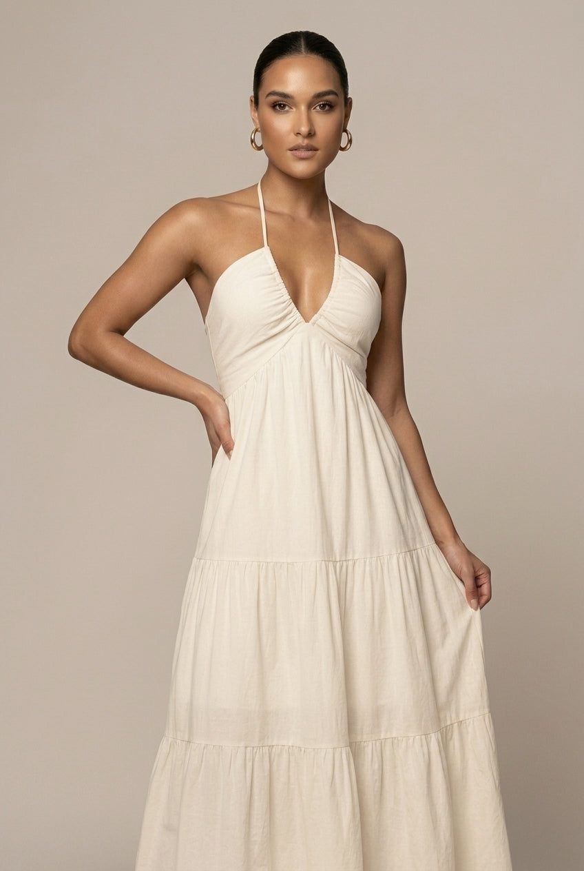 Women's Halter Maxi Dress – Tiered Ruffle Open Back