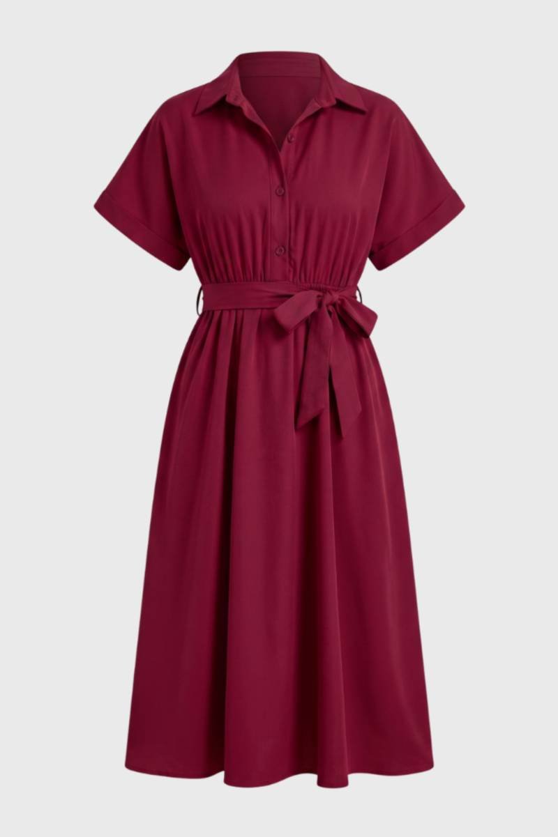 Women's Belted Shirt Dress – Short-Sleeve Midi Length
