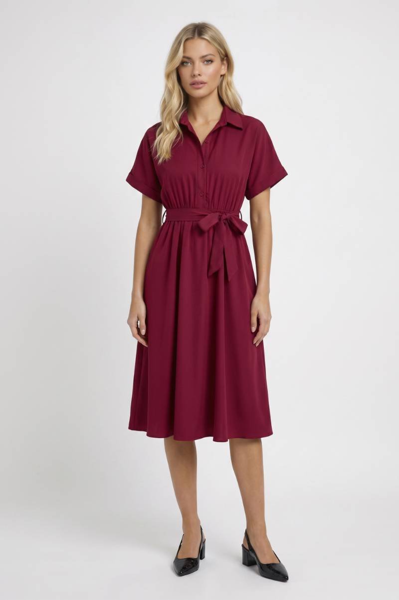 Women's Belted Shirt Dress – Short-Sleeve Midi Length