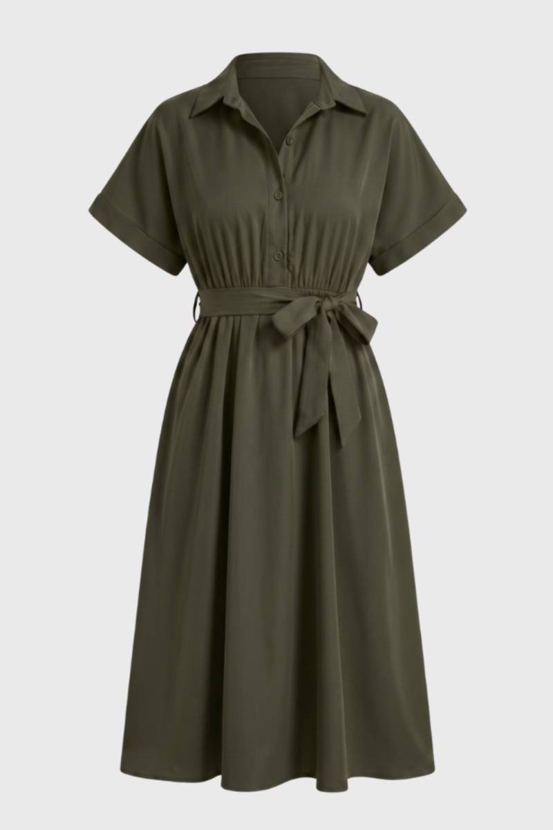 Women's Belted Shirt Dress – Short-Sleeve Midi Length