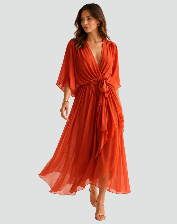 Women's Wrap Midi Dress – Tie Waist Fluid Drape