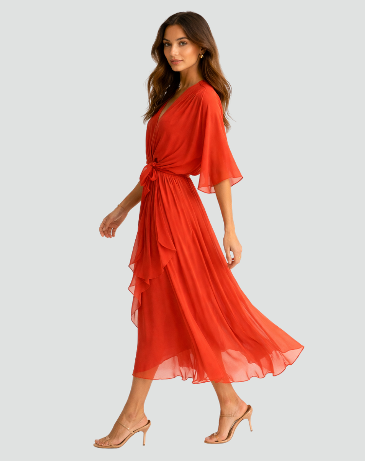 Women's Wrap Midi Dress – Tie Waist Fluid Drape