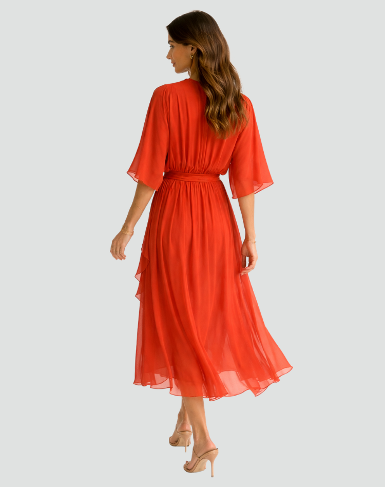 Women's Wrap Midi Dress – Tie Waist Fluid Drape