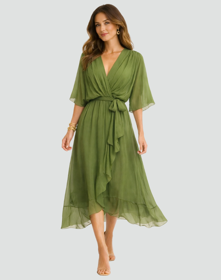 Women's Wrap Midi Dress – Tie Waist Fluid Drape