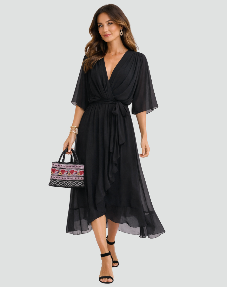 Women's Wrap Midi Dress – Tie Waist Fluid Drape