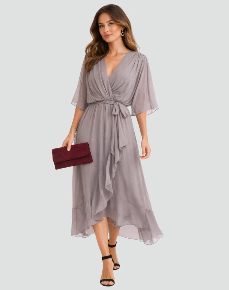Women's Wrap Midi Dress – Tie Waist Fluid Drape