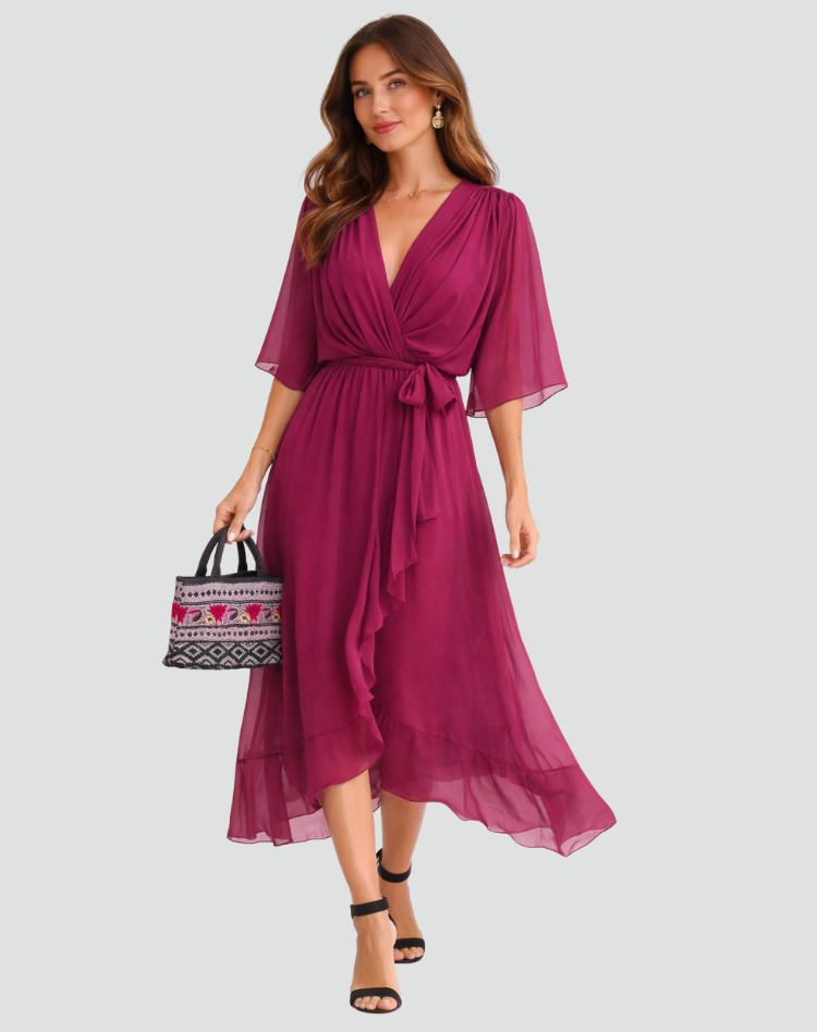 Women's Wrap Midi Dress – Tie Waist Fluid Drape