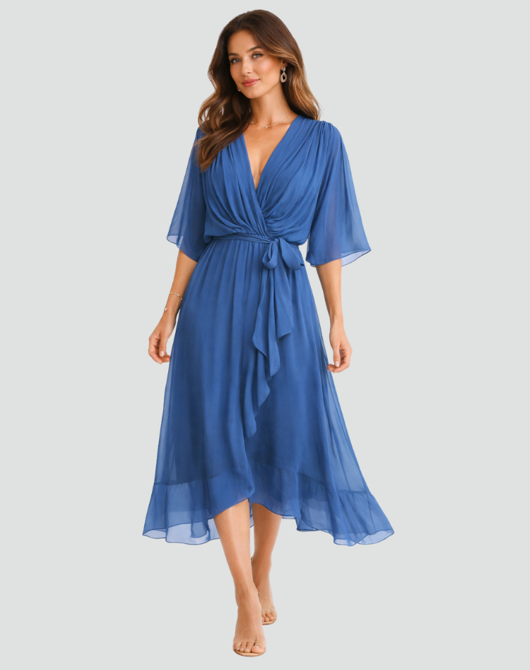 Women's Wrap Midi Dress – Tie Waist Fluid Drape
