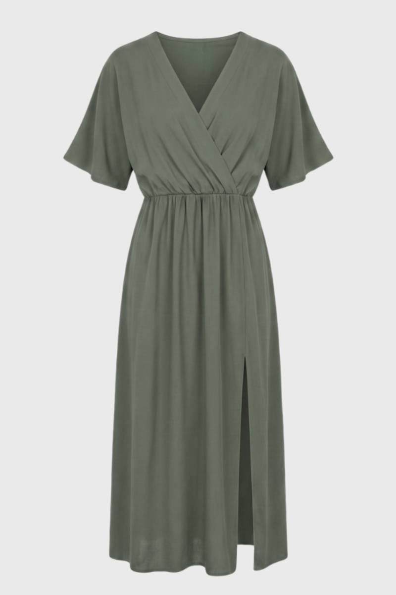 Women's Wrap Midi Dress – V-Neck A-Line Skirt